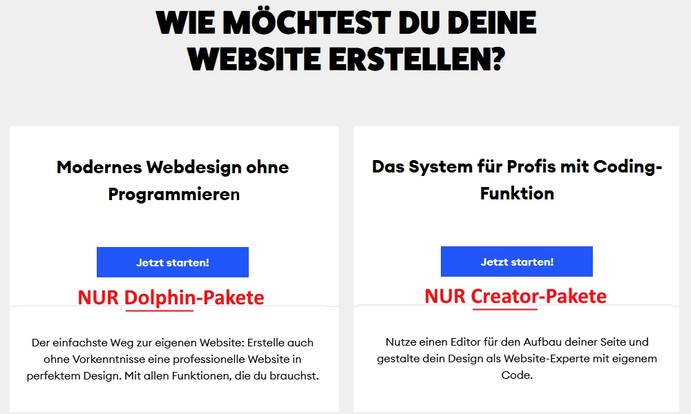Auswahl zwischen Jimdo Dolphin und Creator im Bestellprozess Auswahl zwischen Jimdo Dolphin und Creator im Bestellprozess