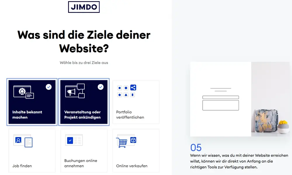 Jimdo stellt Fragen zu den Zielen der Website Jimdo stellt Fragen zu den Zielen der Website