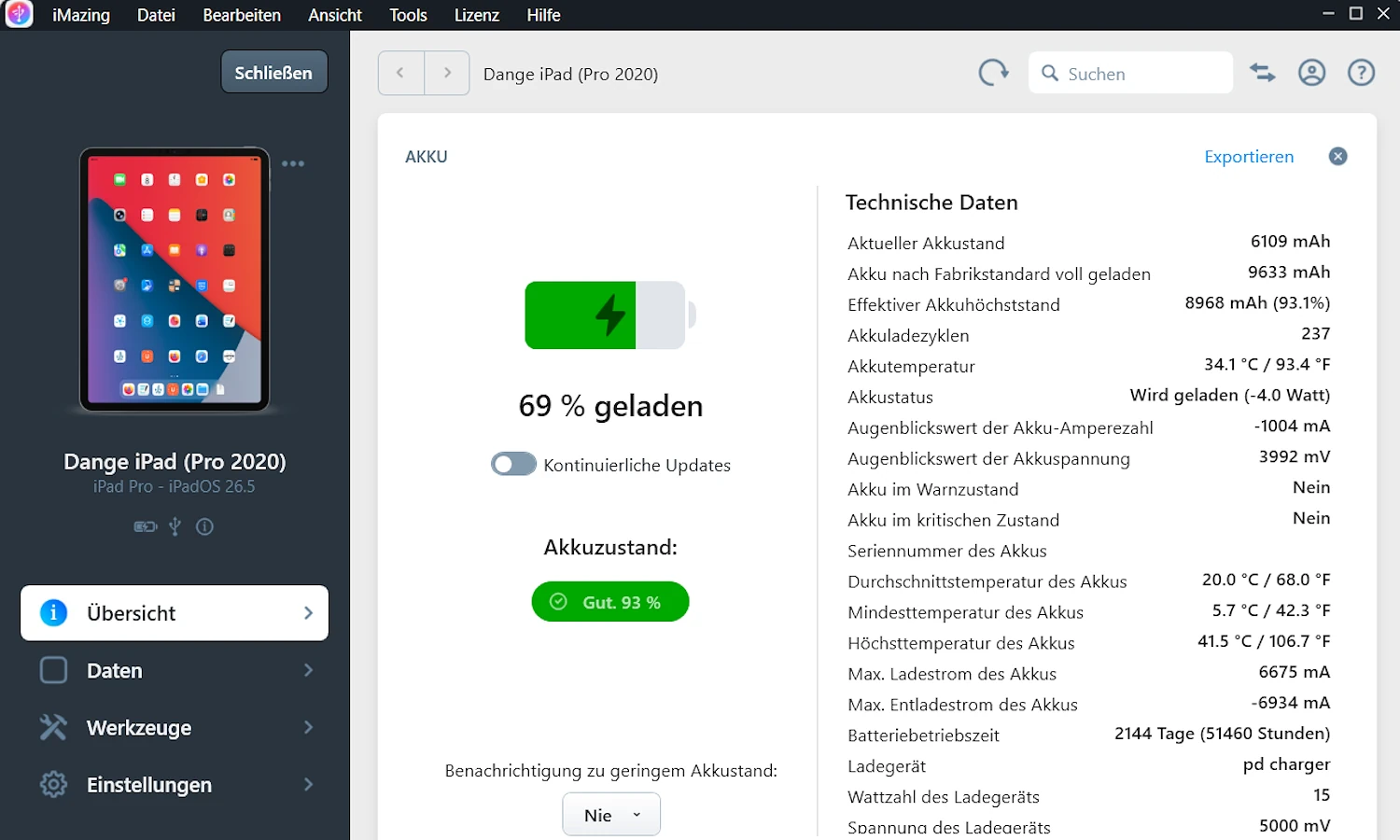 Diagnose-Auswertung in iMazing: Mein altes iPad Pro hat nach fast 6 Jahren und 237 Ladezyklen noch immer 93 Prozent Akkukapazität