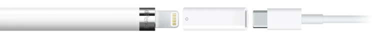 Zum Aufladen muss zunächst der Adapter in den Lightning-Anschluss des Apple Pencil 1 gesteckt werden. Erst dann kann das USB-C-Kabel angeschlossen werden. Sehr unpraktisch! Zum Aufladen muss zunächst der Adapter in den Lightning-Anschluss des Apple Pencil 1 gesteckt werden. Erst dann kann das USB-C-Kabel angeschlossen werden. Sehr unpraktisch!