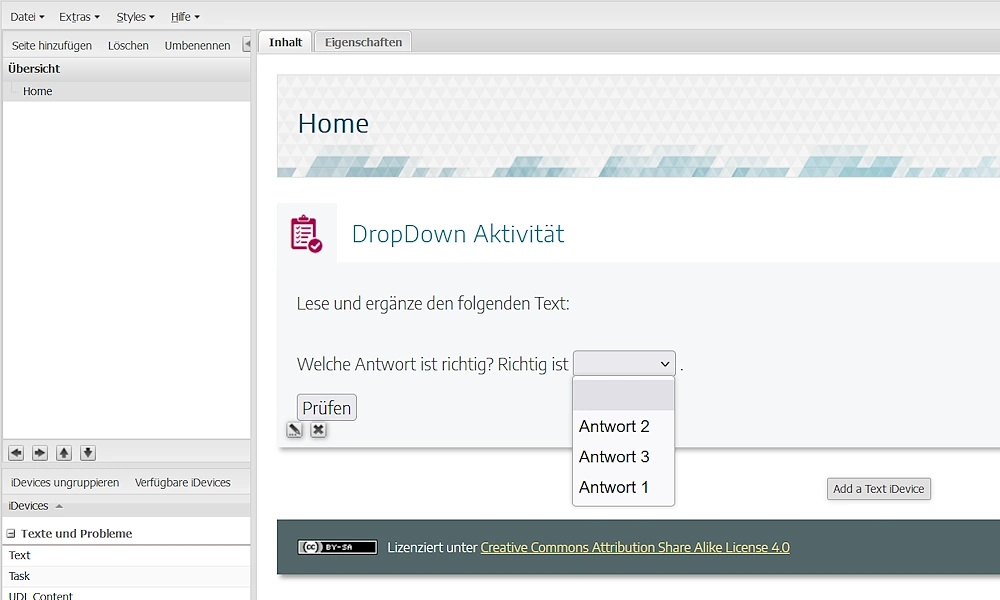 ExeLearning Autorentool: Vorschau der DropDown-Aktivität ExeLearning Autorentool: Vorschau der DropDown-Aktivität