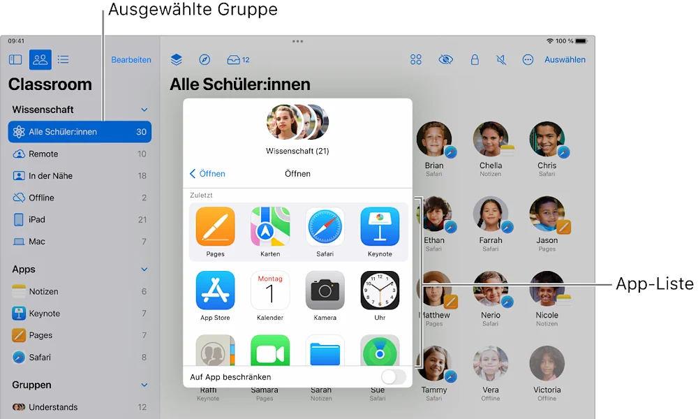 Mit der Classroom-App können Schülern im Klassenraum Rechte zugewiesen werden
