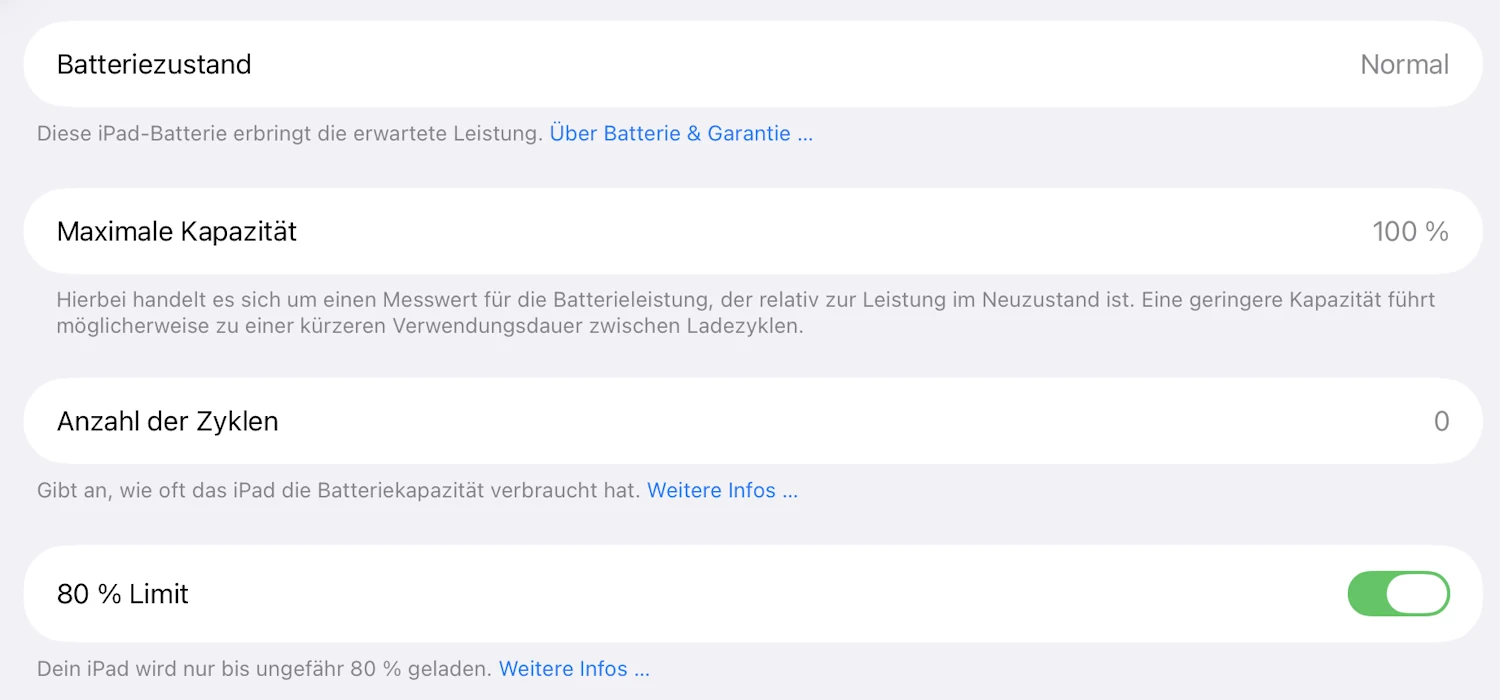 Einstellung beim iPad Air M4: Das Ladelimit lässt sich auf 80 Prozent begrenzen, um den Akku zu schonen