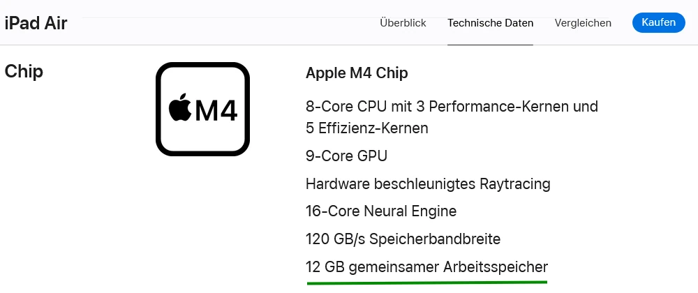 Nachweis der 12 GB RAM beim iPad Air M4 in den technischen Daten auf der offiziellen Apple-Website
