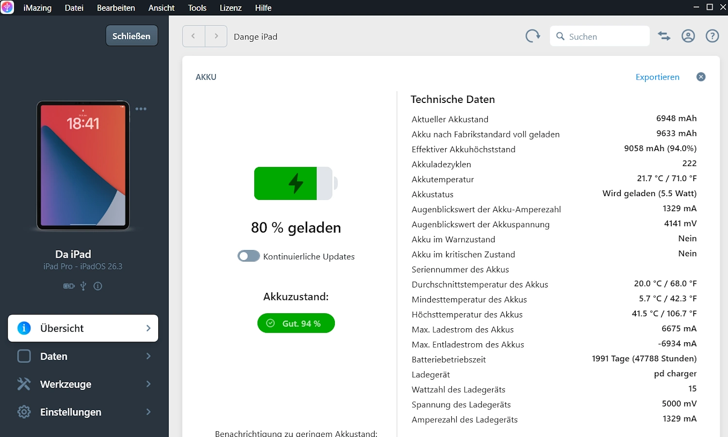 iPad-Akkuzustand prüfen: mit der kostenlosen Probeversion von iMazing