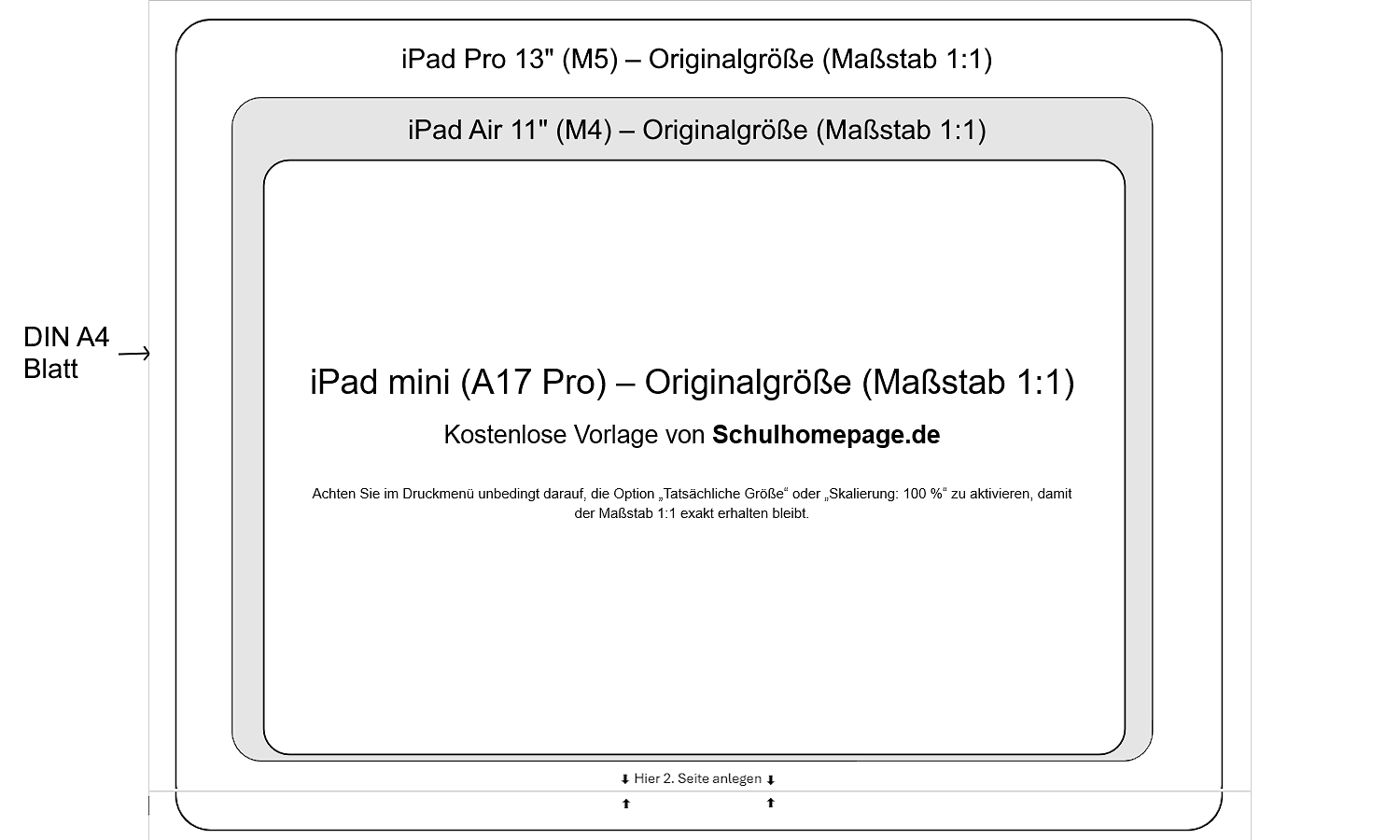 iPad Größenvergleich 2026: iPad Pro 13 Zoll, iPad Air 11 Zoll und iPad mini 8,3 Zoll in Originalgröße (1:1) übereinander auf einem DIN A4 Blatt