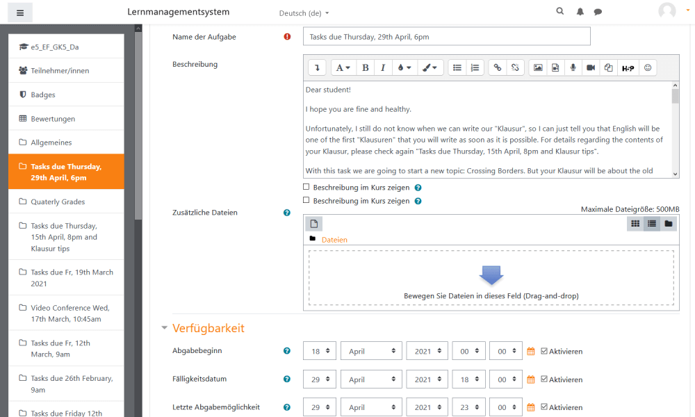 Erstellen einer Aufgabe in der Moodle-Lernplattform Erstellen einer Aufgabe in der Moodle-Lernplattform