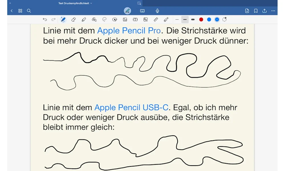 Testergebnis: Die Strichstärke des Apple Pencil Pro (oben) verändert sich bei mehr oder weniger Druck. Die Strichstärke des Apple Pencil USB-C (unten) bleibt aufgrund der fehlenden Druckempfindlichkeit immer gleich.