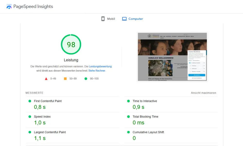 Geschwindigkeit der Schulhomepage mit Pagespeed messen Geschwindigkeit der Schulhomepage mit Pagespeed messen